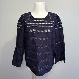 Ba&sh Gianna Blouse Navy Blue Size 1 3/4 Sleeve Flared Boho Summer Spring EUC